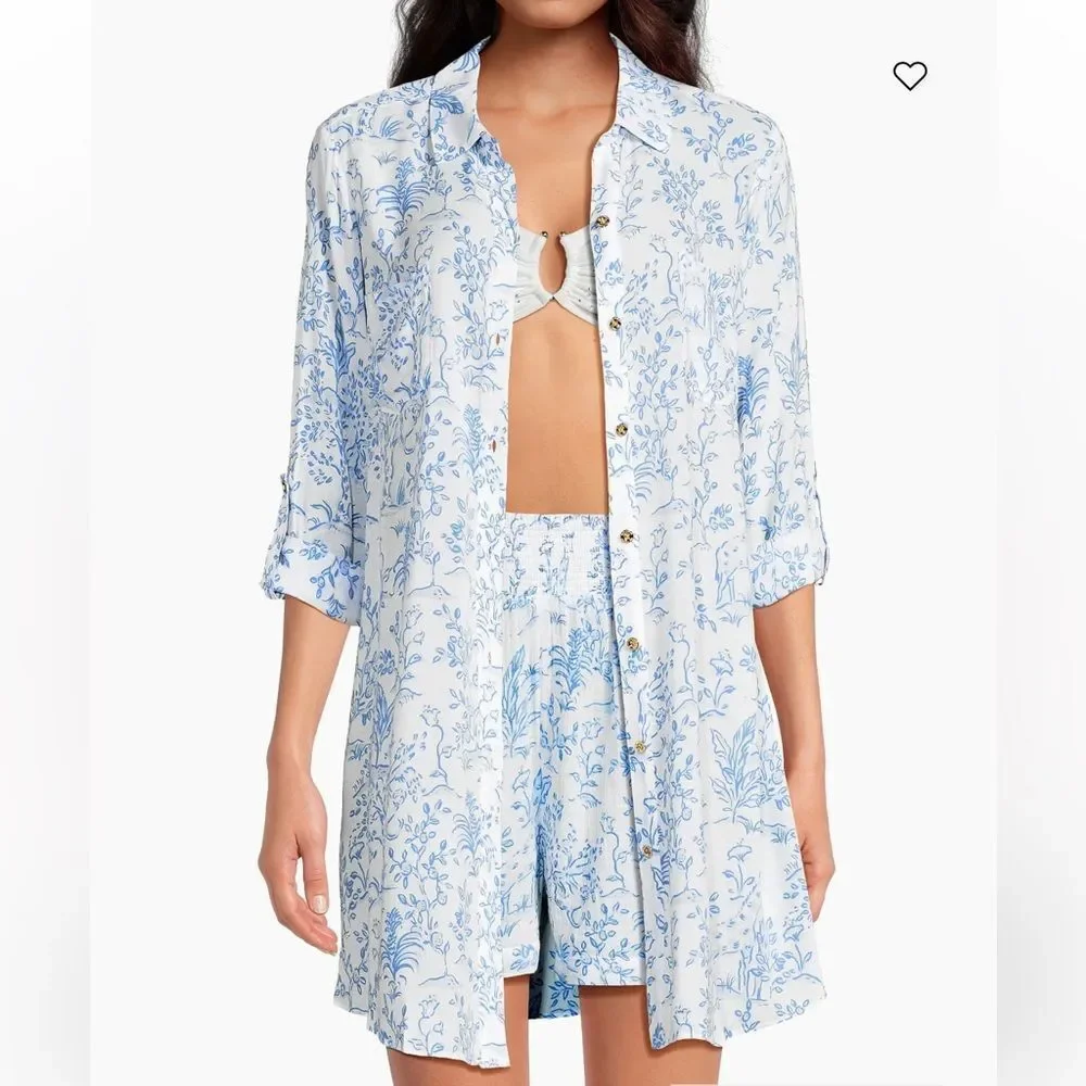 Lilly Pulitzer Natalie Resort White Blue Button Front Tab Sleeve Cover Up
